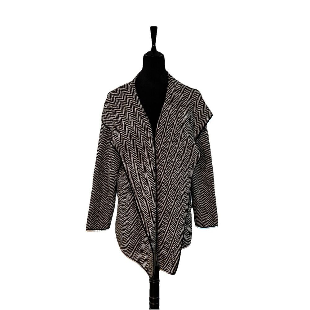 Talbots Women’s Cardigan 3X Chevron Knit Open Front Sweater Black White - Picture 2 of 5